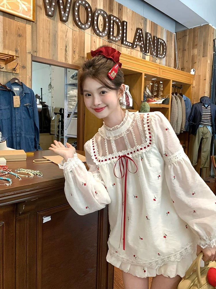 Dolly Beige Cherries Top + Skirt Two Piece Set (M)