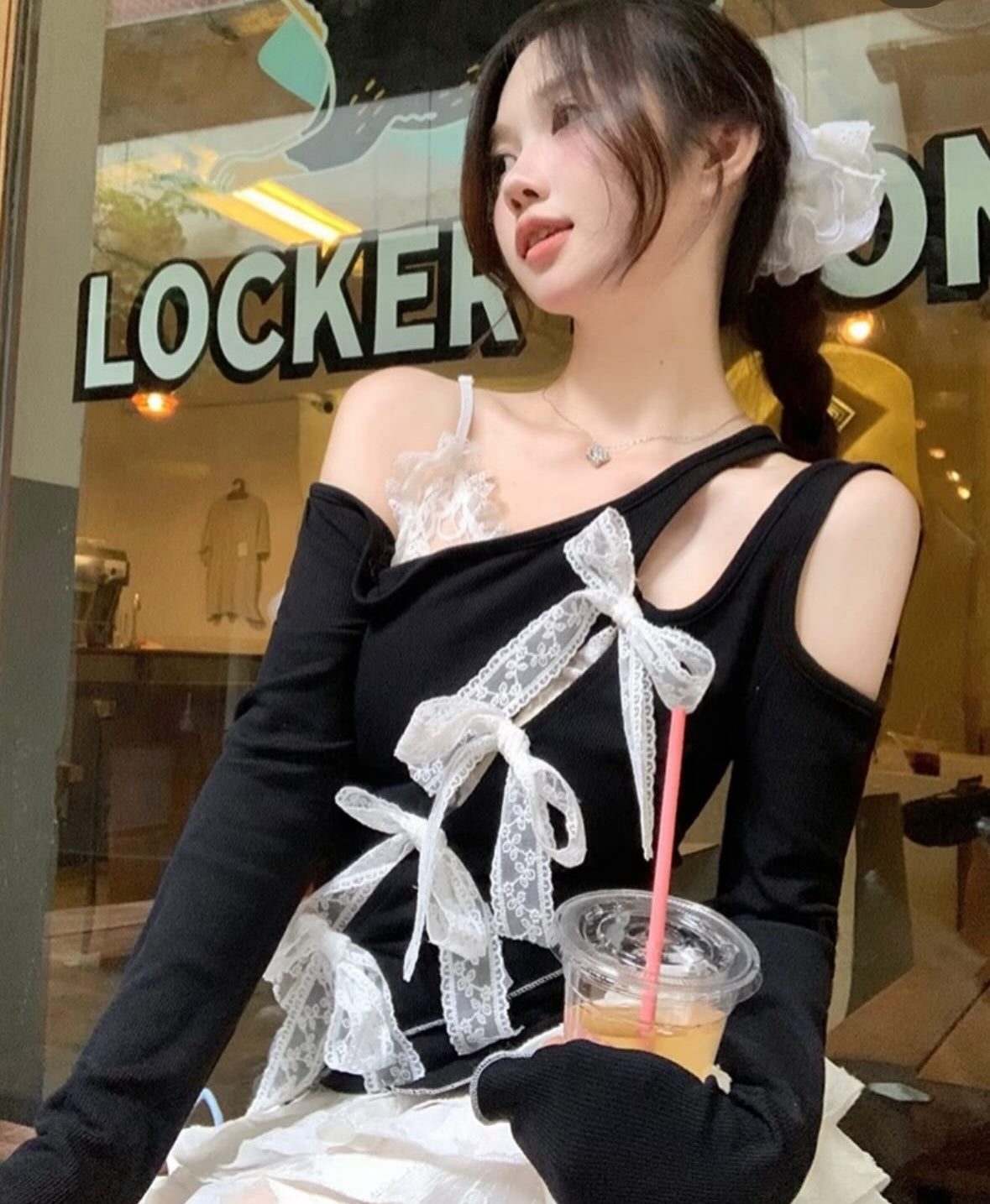 Black Mix Laces Long Sleeve Top