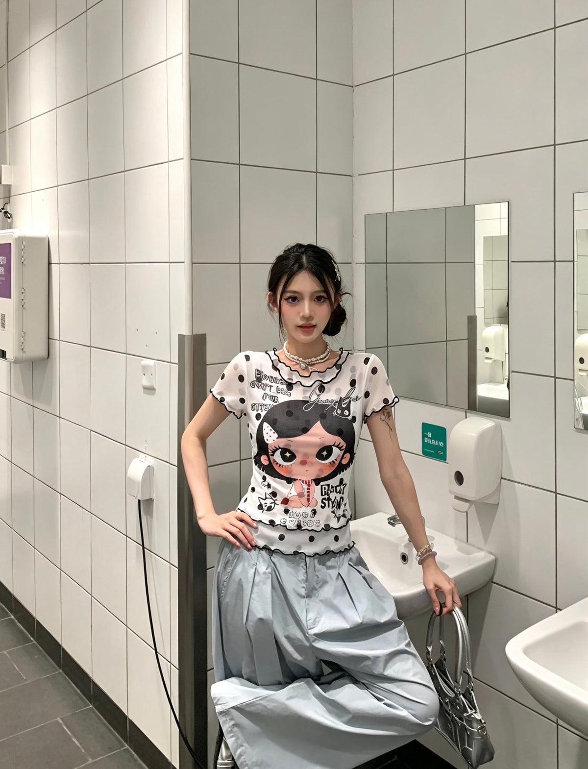 Black Dot White Mesh Top