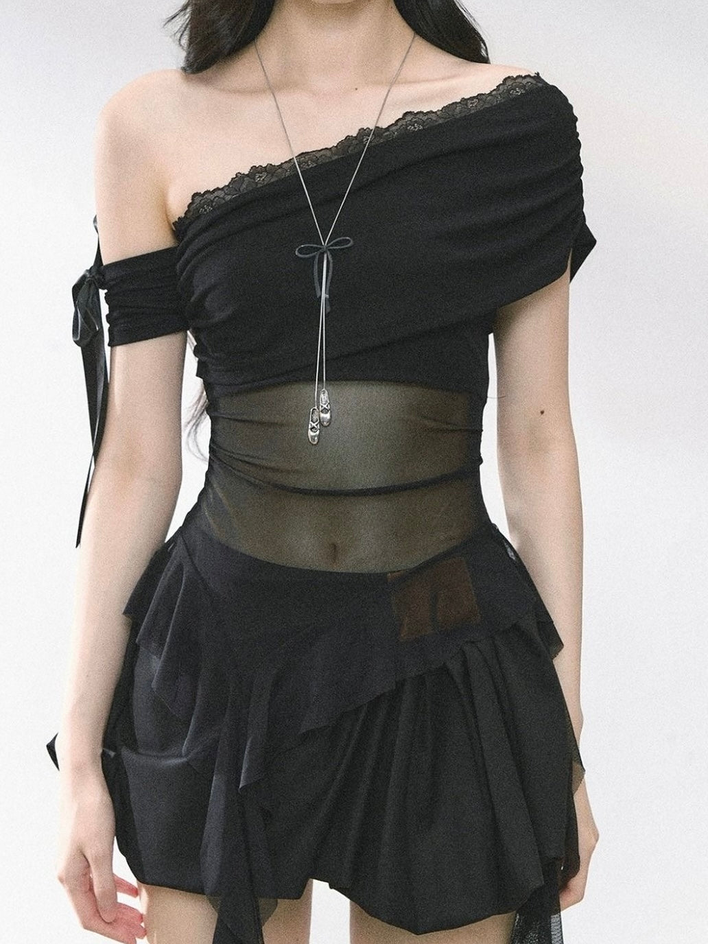 Laces Mesh Side Off Shoulder Sleeve Top