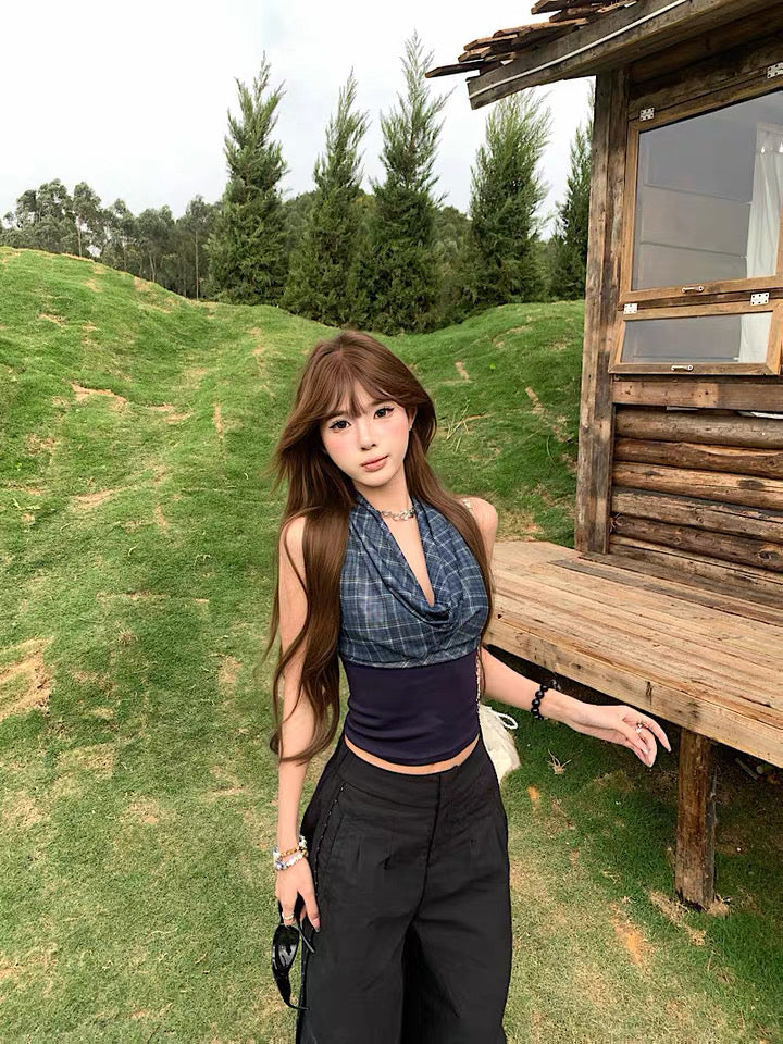 Navy Deep V Collar Top