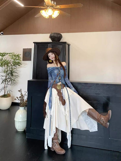 Creamy Unequal Mix Lace Long Skirt