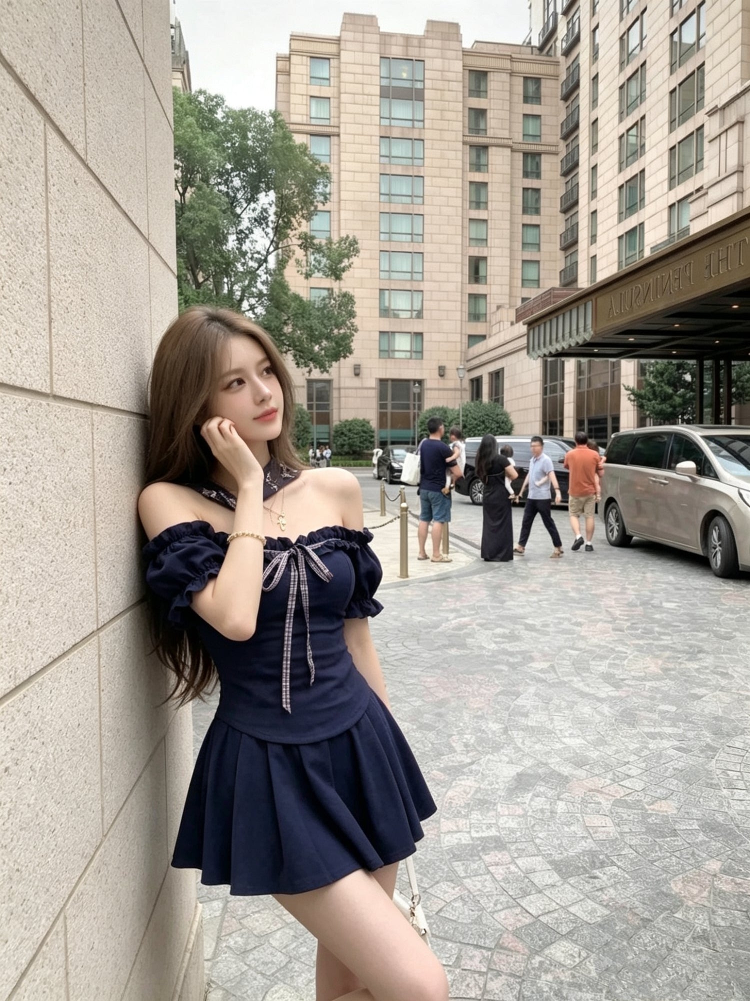 Off Shoulder Top + Blue Skort Two Piece Set (Navy, Khaki)