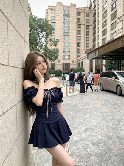 Off Shoulder Top + Blue Skort Two Piece Set (Navy, Khaki)