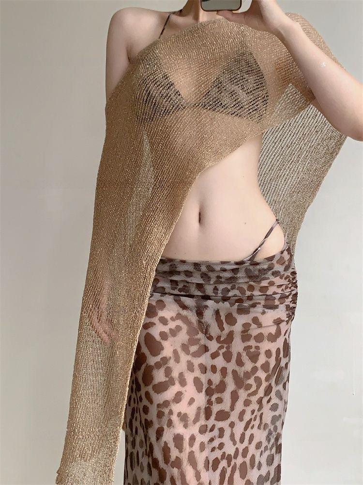 Leopard Bikini + Skirt + Top BK55 Four Piece Set