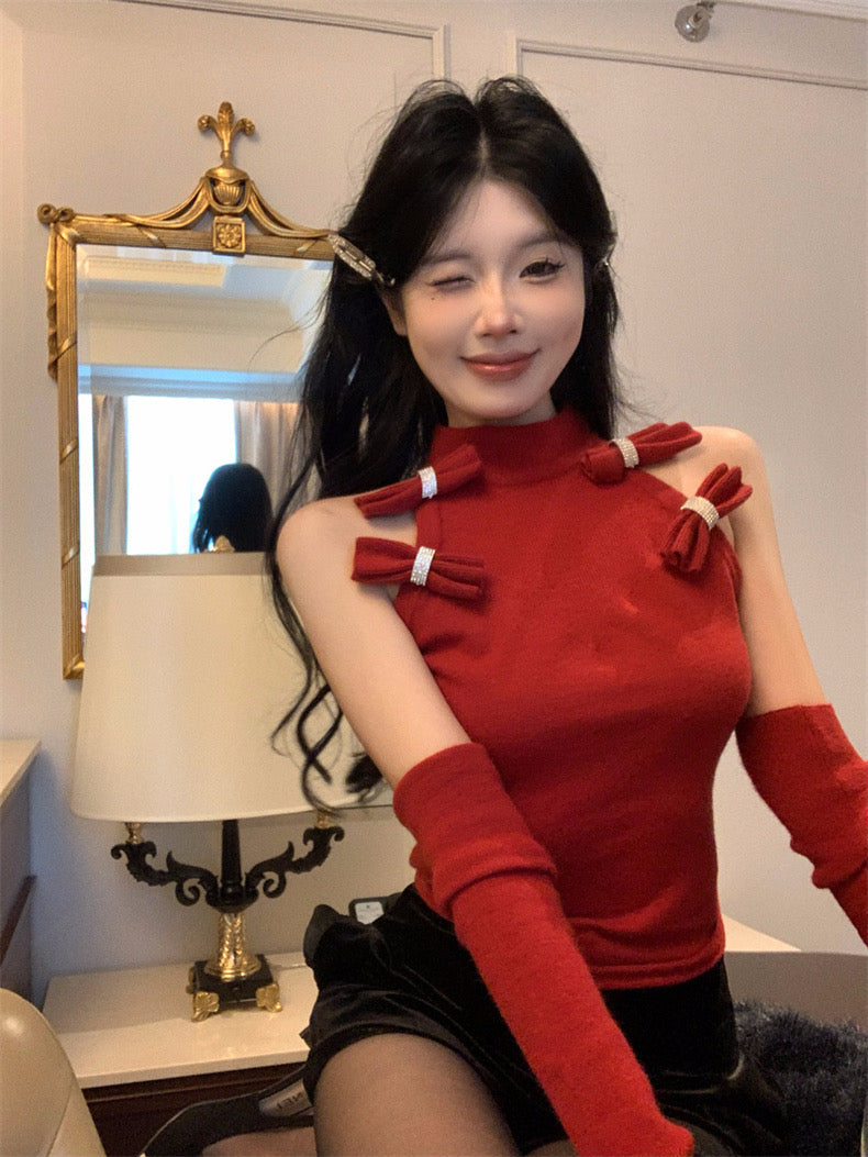 Bows Knitted Red Top With Sleeve