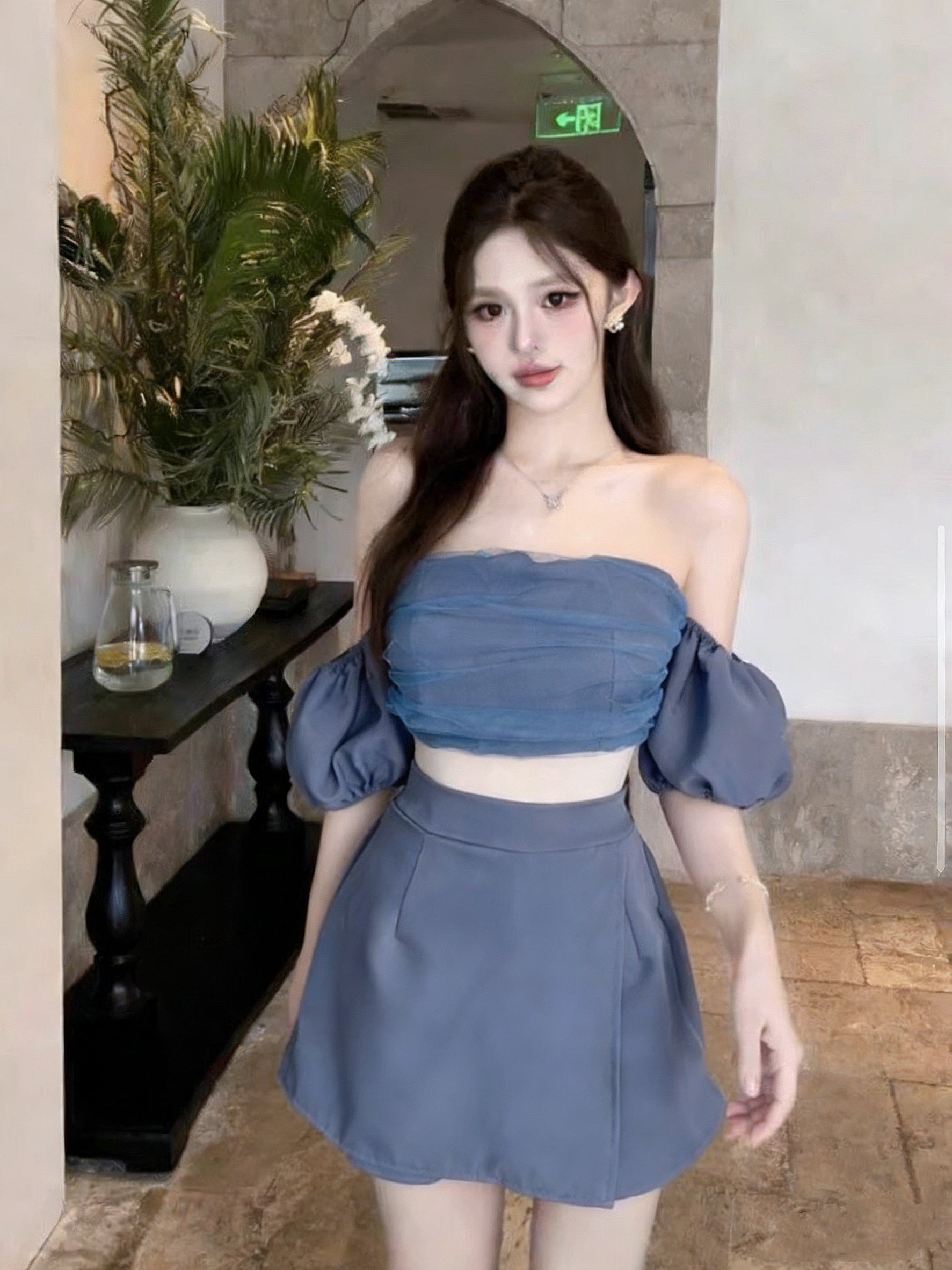 Off Shoulder Crop Top + Skort Two Pieces Set (Blue, Brown)