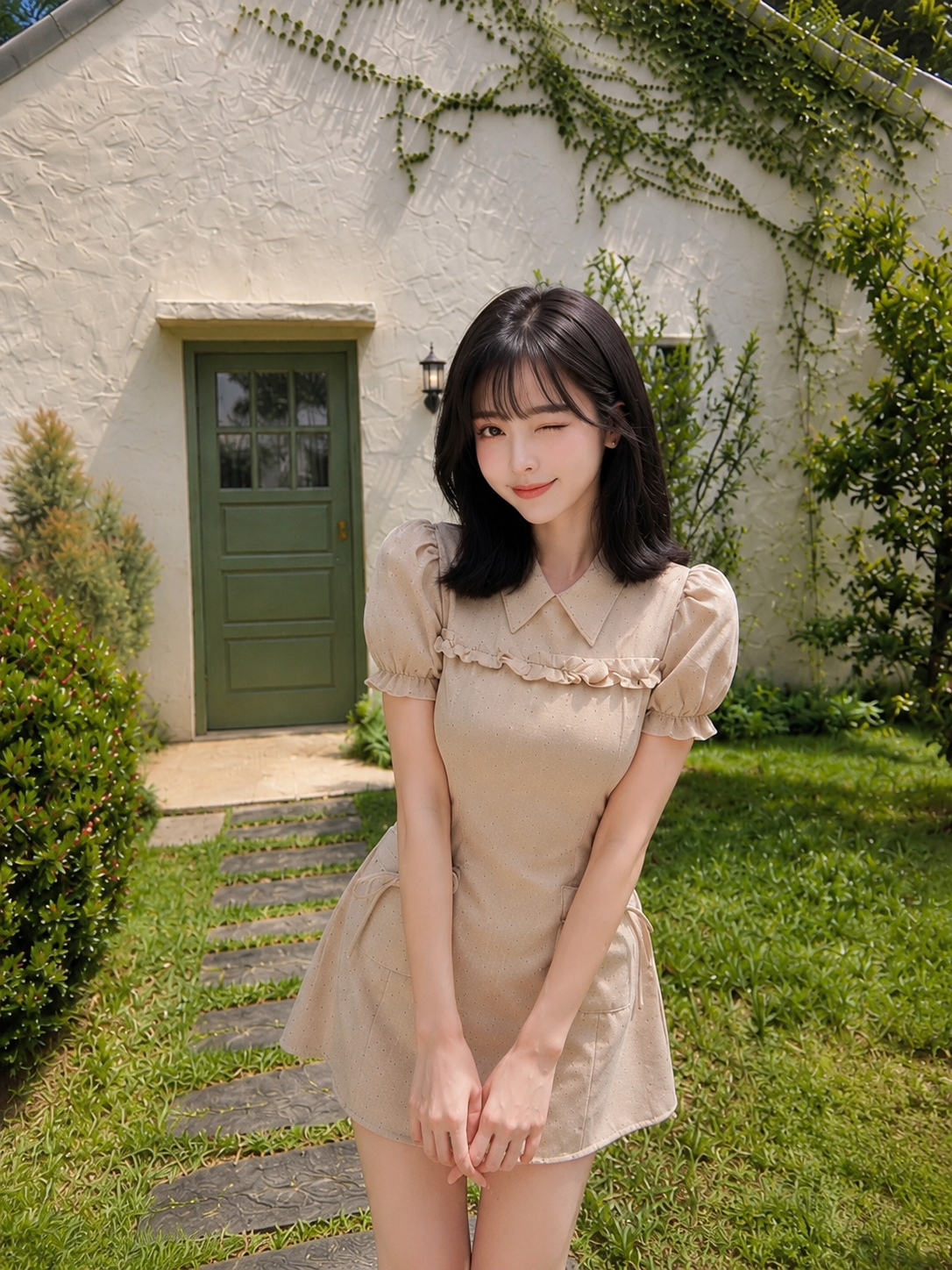 Khaki Puff Sleeve Mini Dot Dress