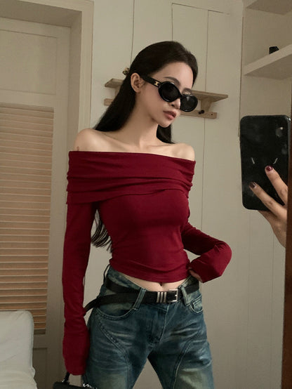 Off Shoulder Wine Red Long Sleeve Top