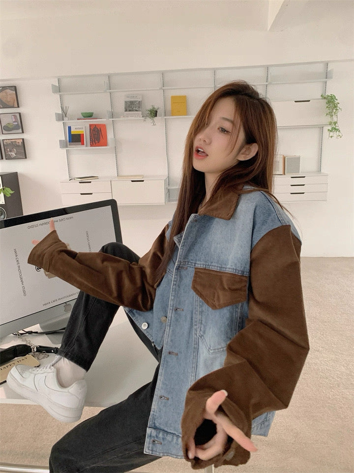 Denim Mix Brown Collar Sleeve Jacket