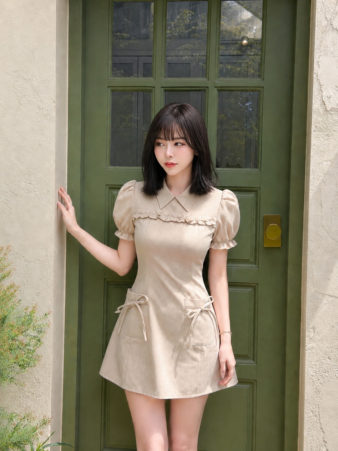 Khaki Puff Sleeve Mini Dot Dress