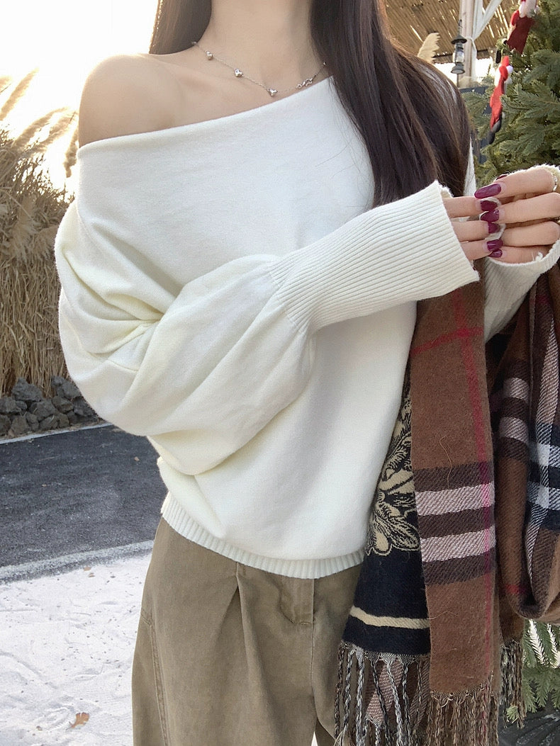 Off Side Shoulder Long Sleeve Knitted Top (Cream)