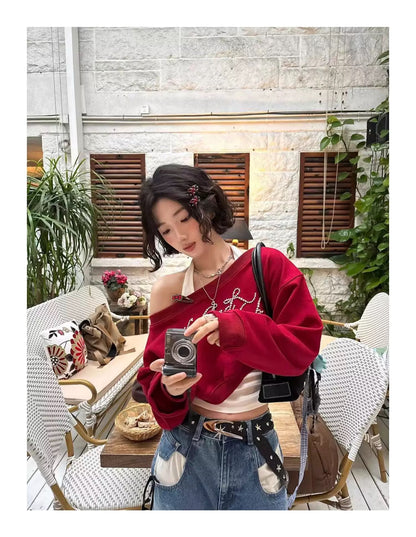 Wine Red Long Sleeve Crop Top+White Inner Top