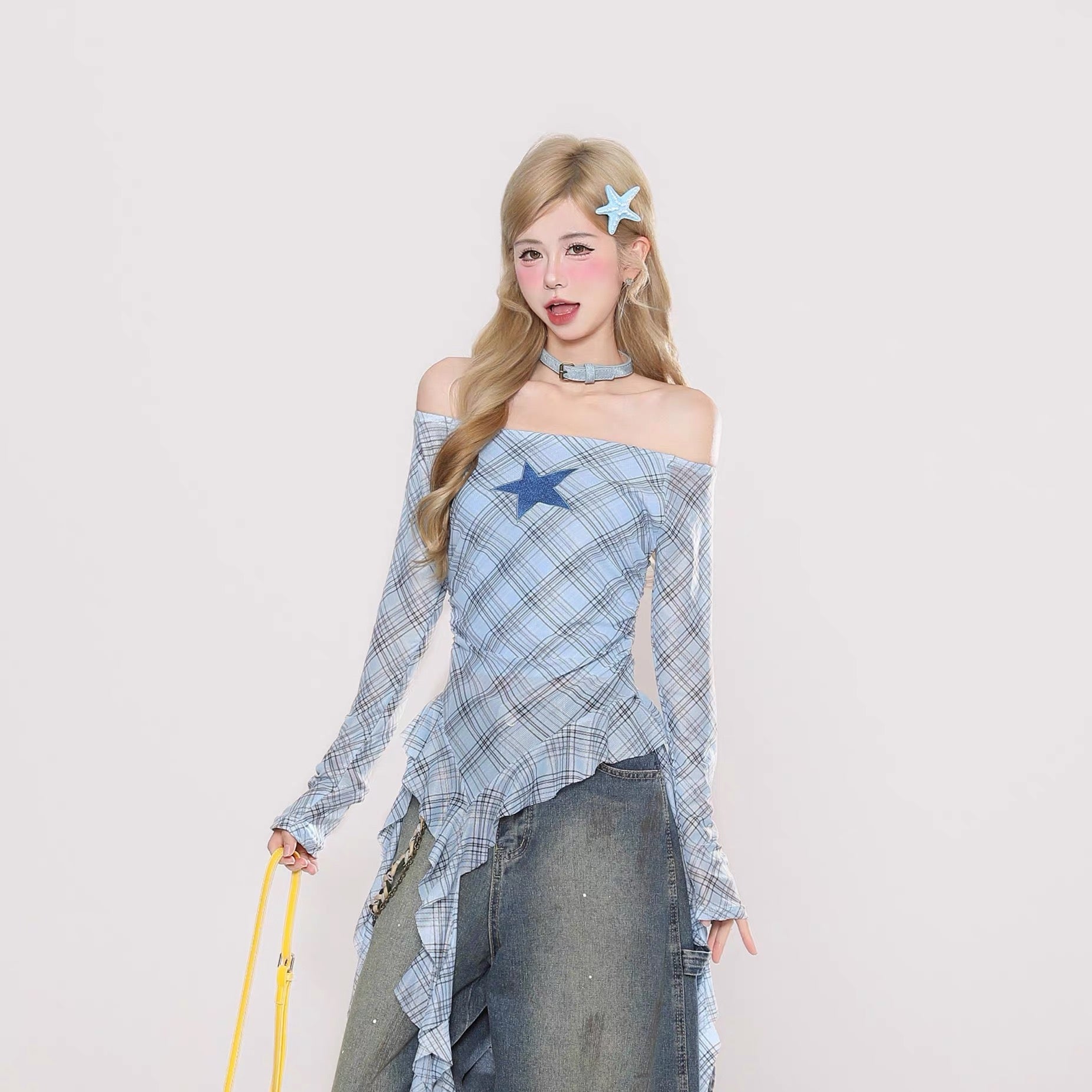 Grid Star Off Shoulder Long Sleeve Mesh Top