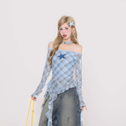 Grid Star Off Shoulder Long Sleeve Mesh Top