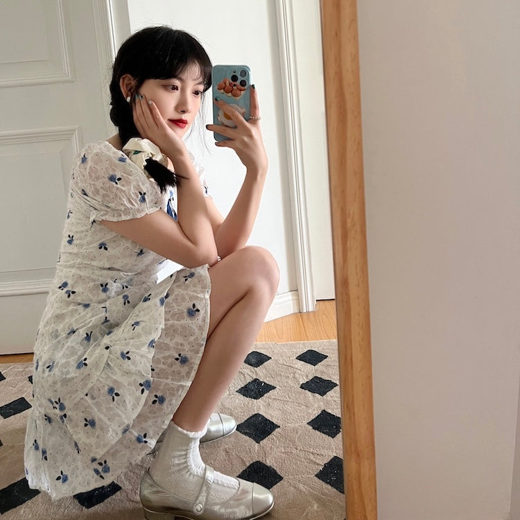 Blue Floral White Dress (S)