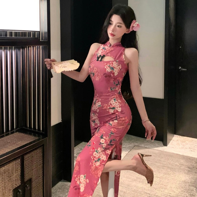 Floral pink Halter Collar Cheongsam Long Dress (S, M)