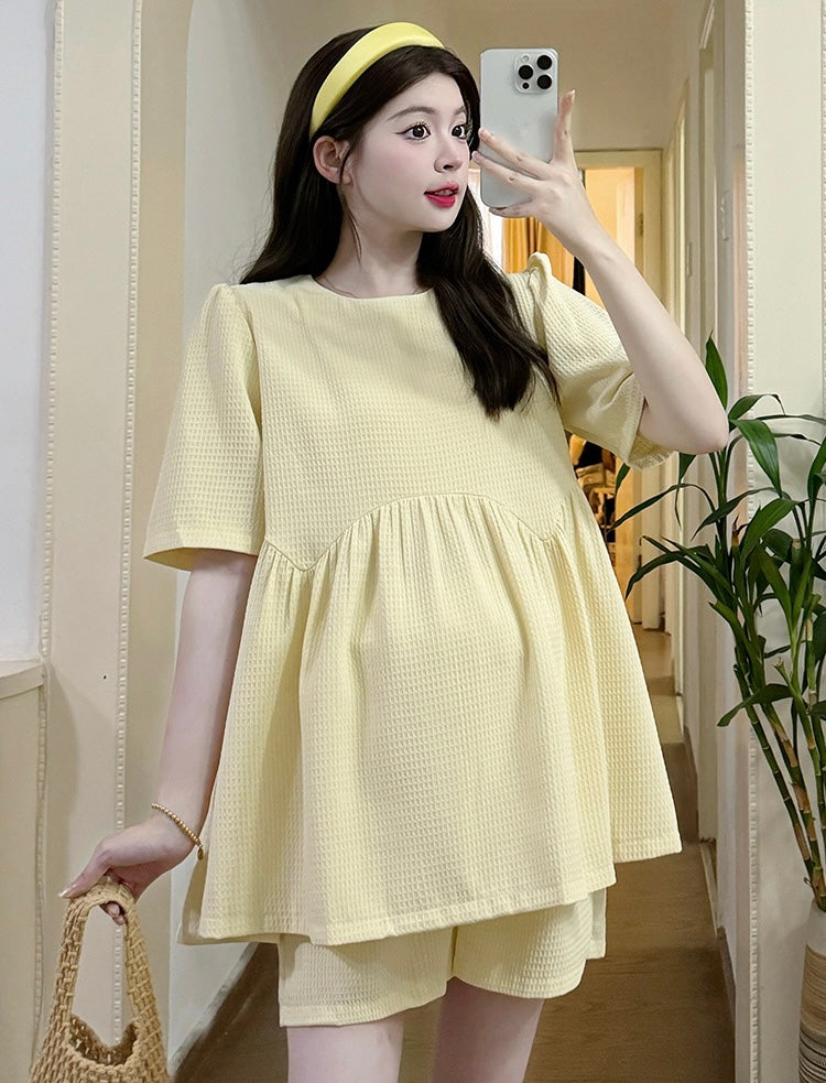 Yellow Puff Sleeve Cute Mom Two Piece Set