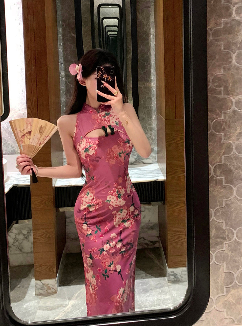 Floral pink Halter Collar Cheongsam Long Dress (S, M)