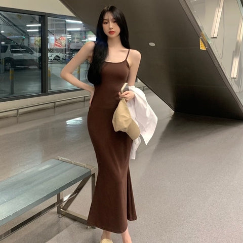 Brown Slim Fit Long Dress (Below 165cm)