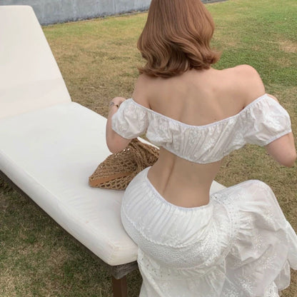 White Off Shoulder Crop Top Long Skirt Three Pieces Set