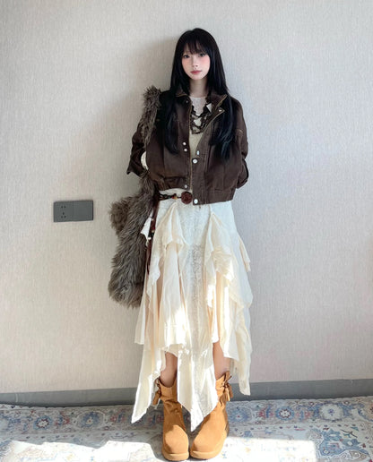 Creamy Unequal Mix Lace Long Skirt