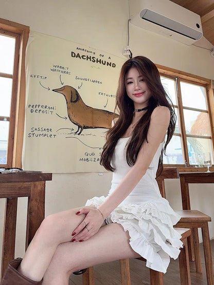 Sleeveless Cakey Bottom Dress (White, Black) S