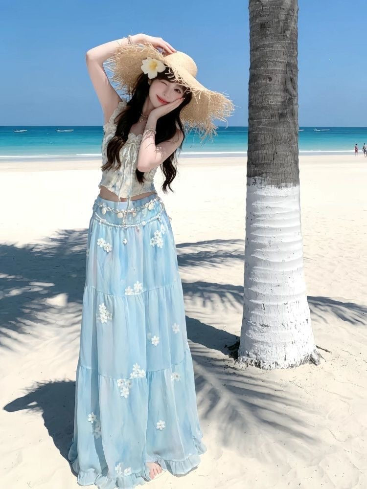 Top + Blue Skirt Two Piece Set