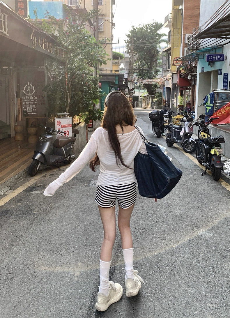 Stripe Singlet + Shorts + White Top Three Pieces Set