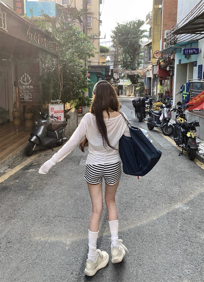 Stripe Singlet + Shorts + White Top Three Pieces Set