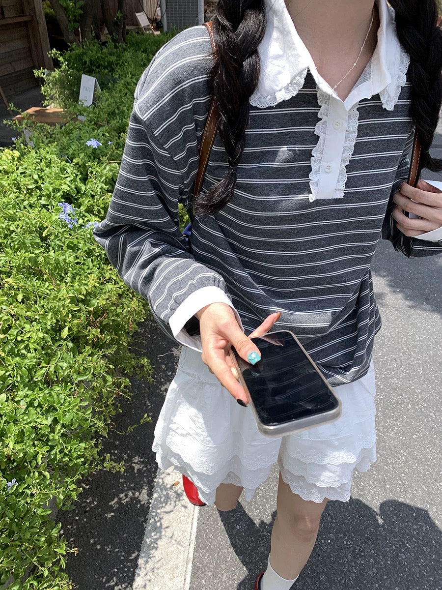 White Collar Stripe Long Sleeve Top