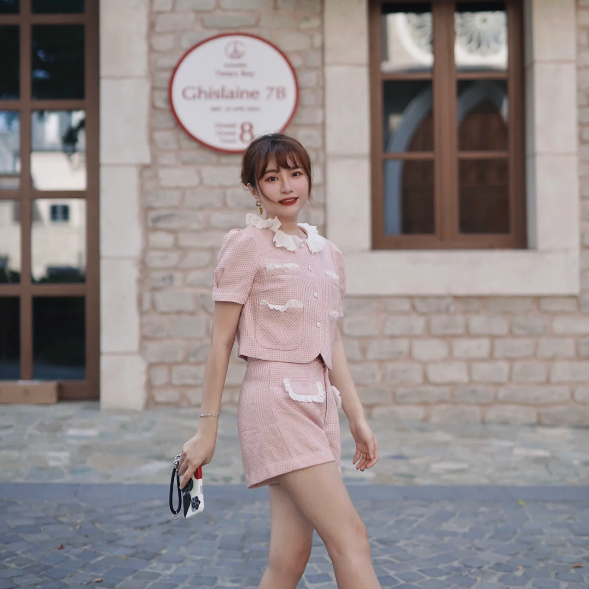 Lace Collar Top + Short Two Piece Set (Pink, Black)