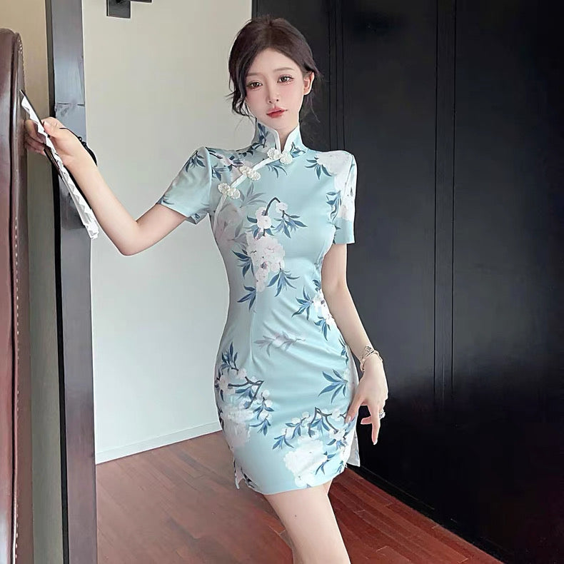 White Flo Blue Cheongsam CD009 Dress (S)