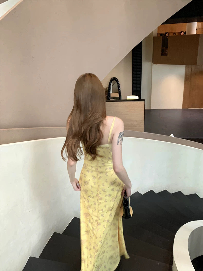 Mini Floral Yellow Mesh Maxi Dress