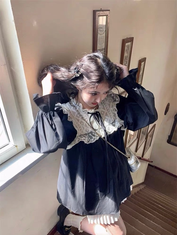 Laces Collar Black Long Sleeve Top