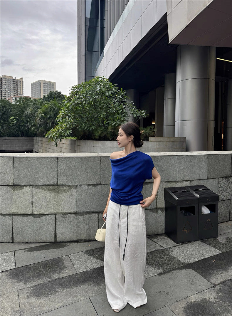 Off Shoulder Collar Top (Beige, Blue)