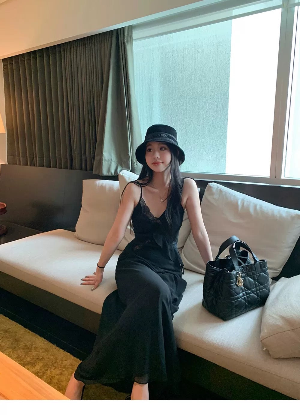 Side Flare Strap Mix Lace Long Dress (Yellow, Black)