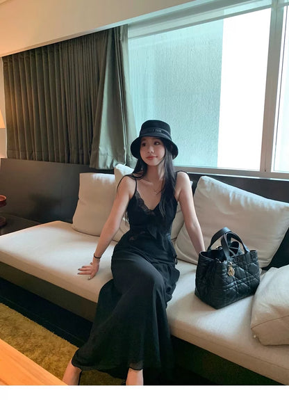 Side Flare Strap Mix Lace Long Dress (Yellow, Black)