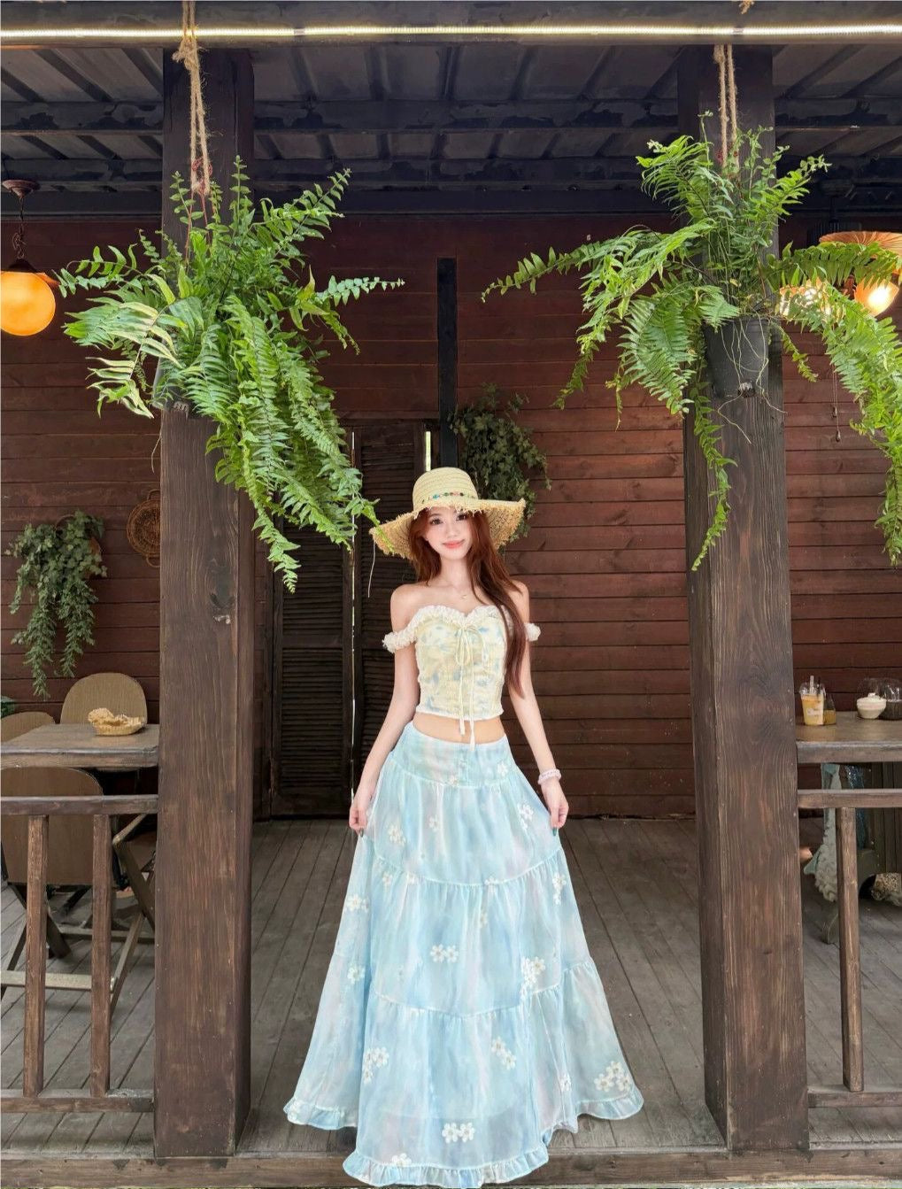 Top + Blue Skirt Two Piece Set