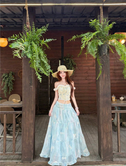 Top + Blue Skirt Two Piece Set