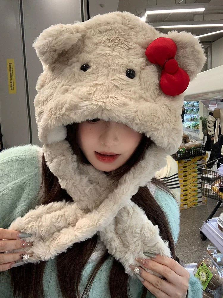 Red Bow Teddy Milktea Fuzzy Hat