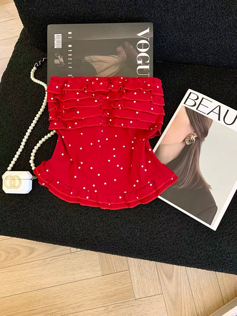 Red/White Dot White Tube Top T008