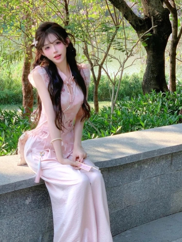Pink Cheongsam Top CD039 + Pants Two Piece Set