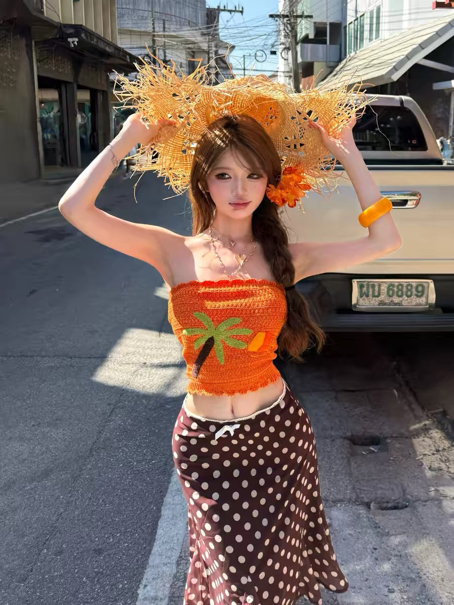 Orange Top + Brown Polka Dot Skirt Two Piece Set