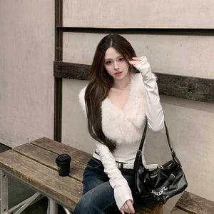 Furry Collar Knitted Long Sleeve Top (Black, White)