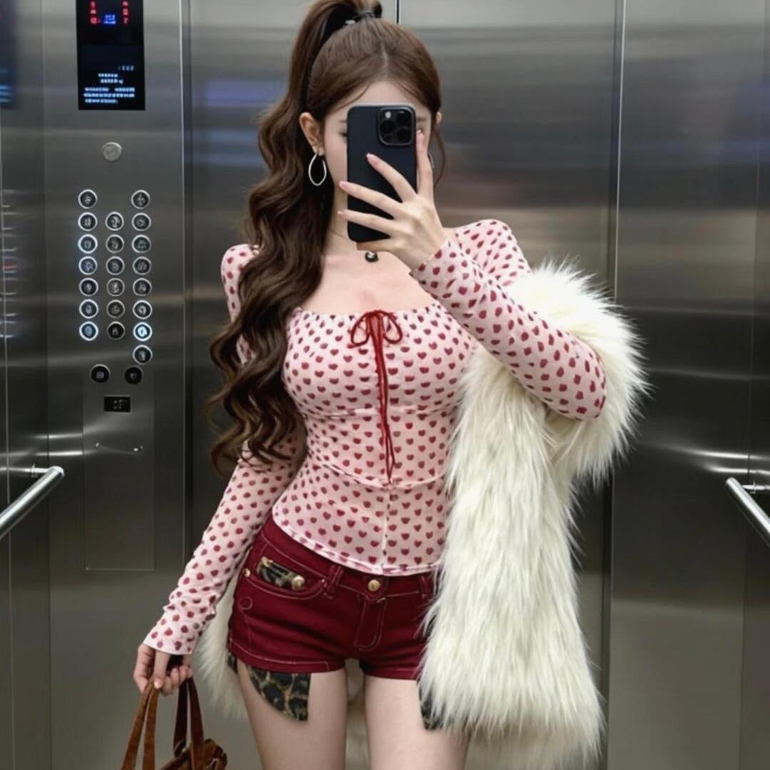 Mesh Red Hearts Long Sleeve Top
