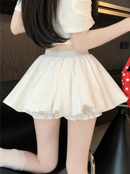 High Waist Lantern Puff Skort Skirt SK11 (Black, White)