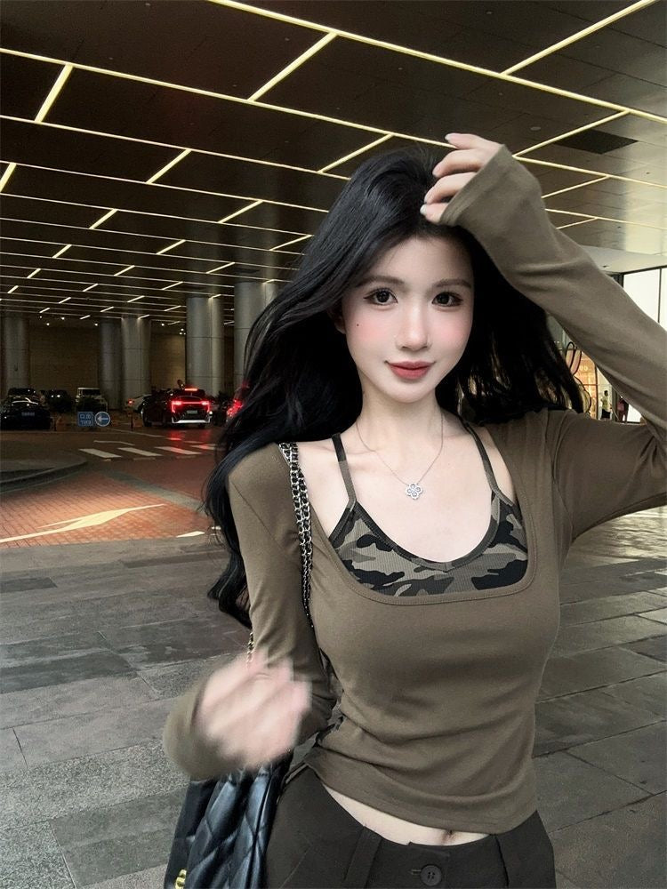 Army Print Long Sleeve Green/Grey Top