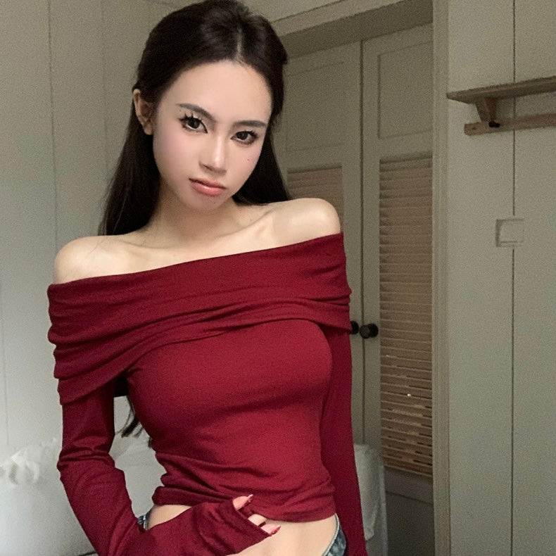 Off Shoulder Wine Red Long Sleeve Top