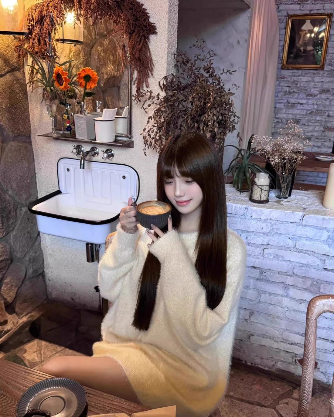 Cream White Mix Lacey Knitted Long Sleeve Top